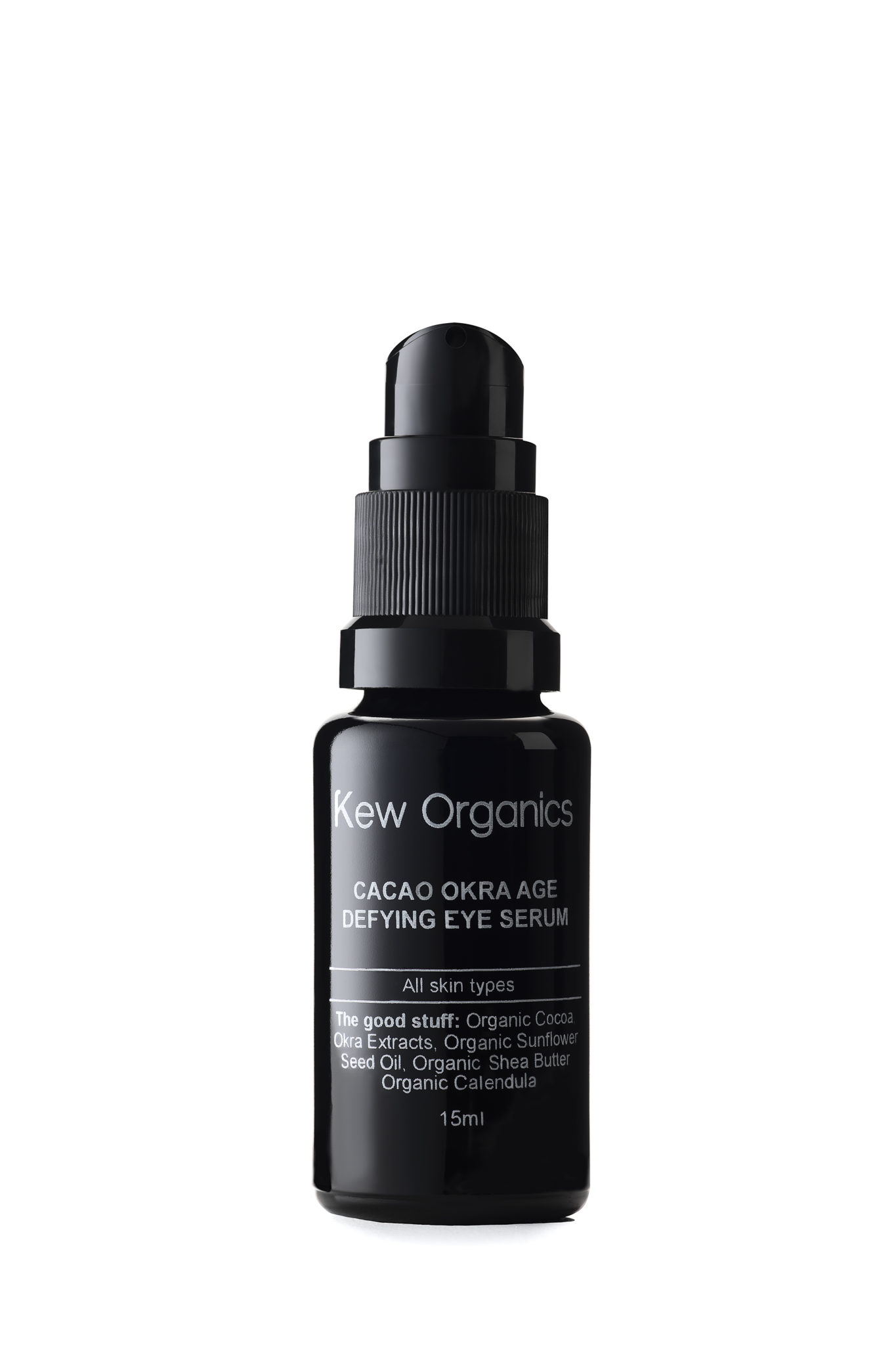 a black bottle of Kew Organics eye serum shot in studio