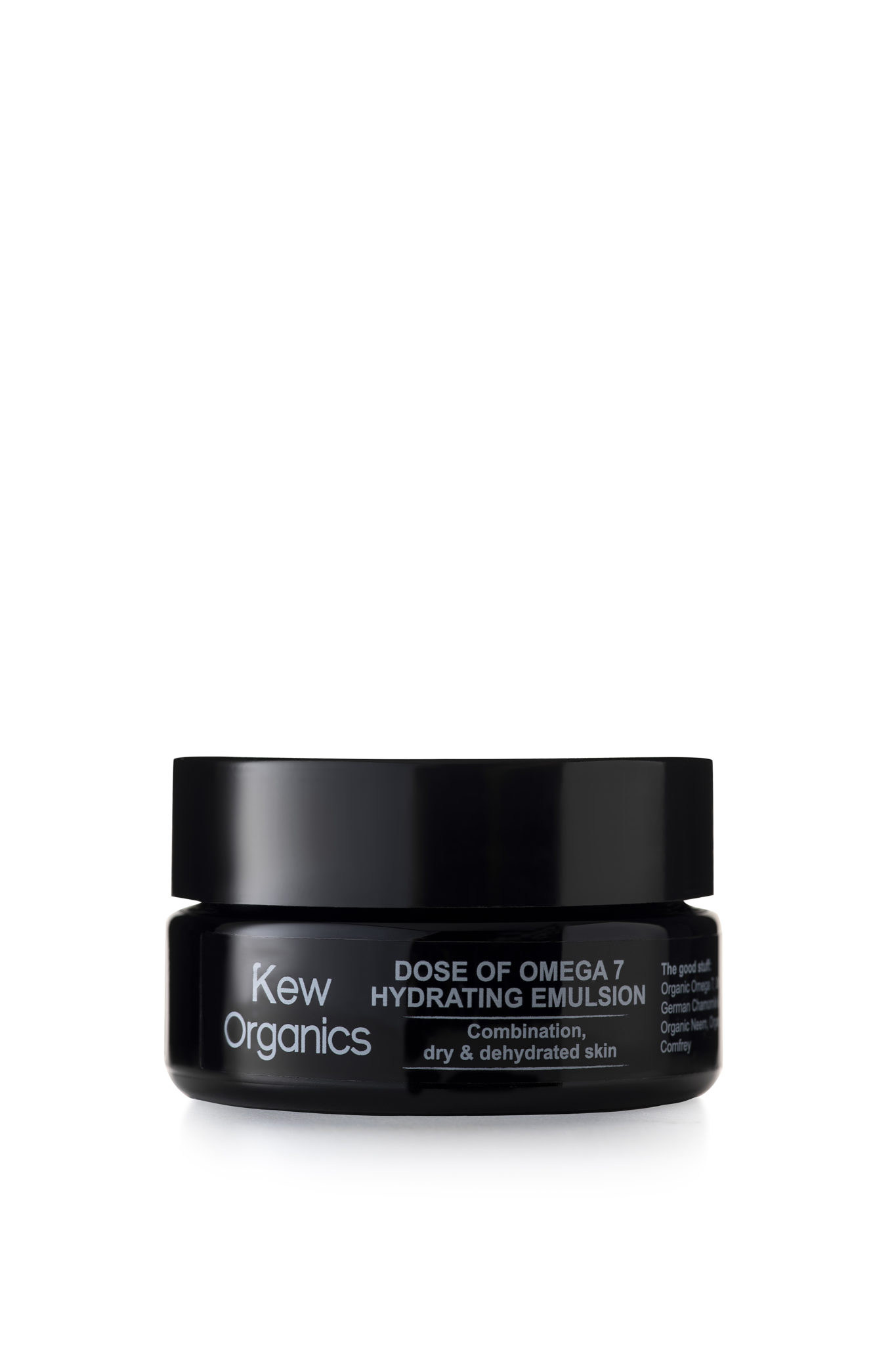 a black jar of Kew Organics Hydrating Emulsion shot in studio