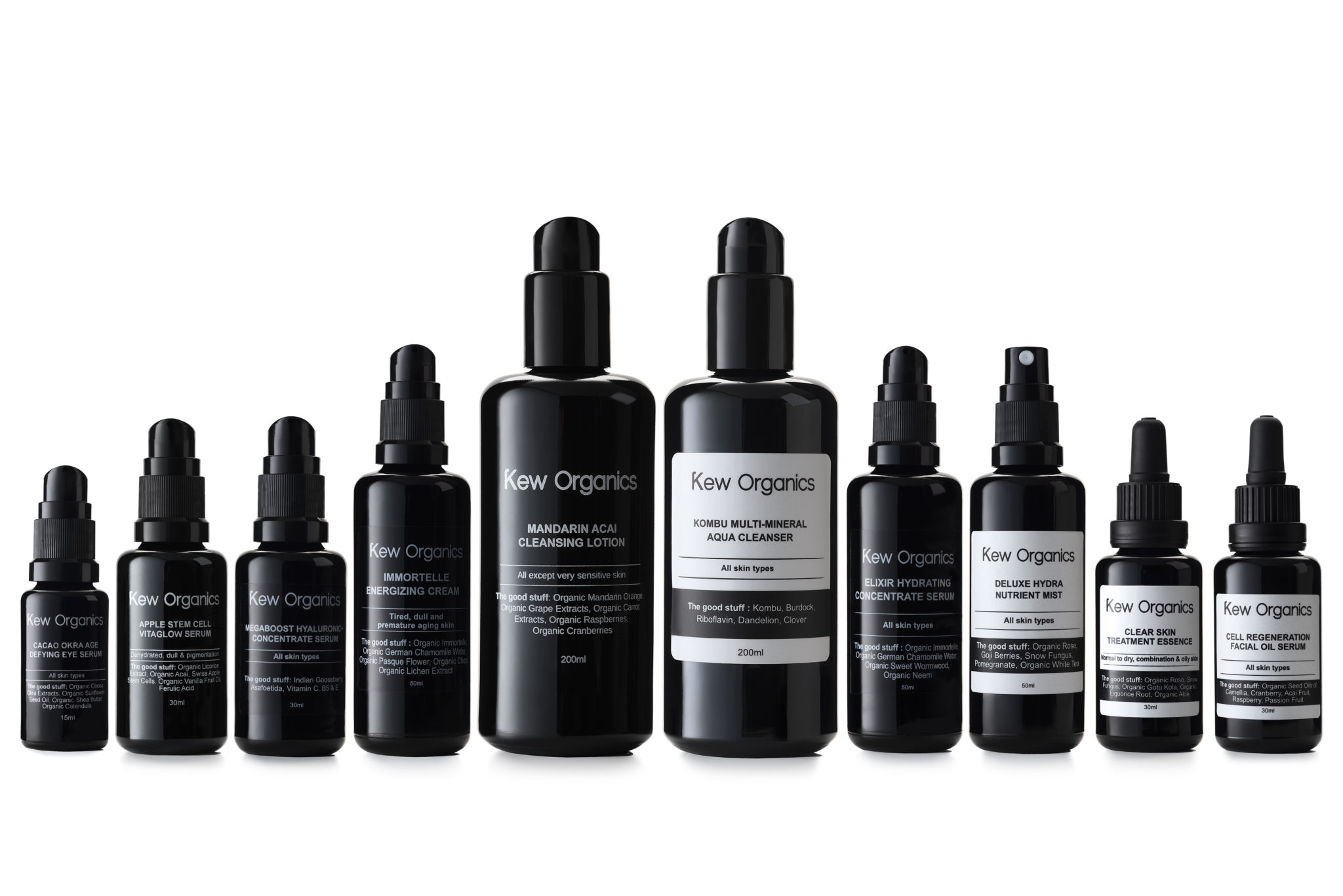 a line up of various Kew Organics cosmetic products shot in studio for a commercial