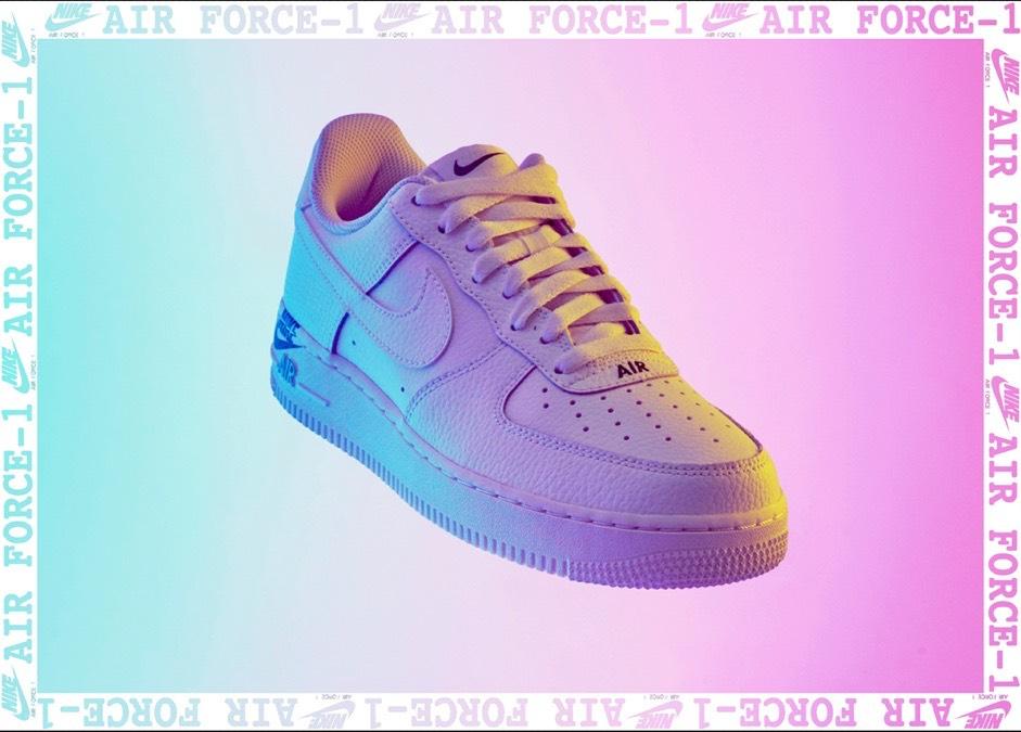 Dual tone pink and blue lights on nike air force 1s for a commercial
