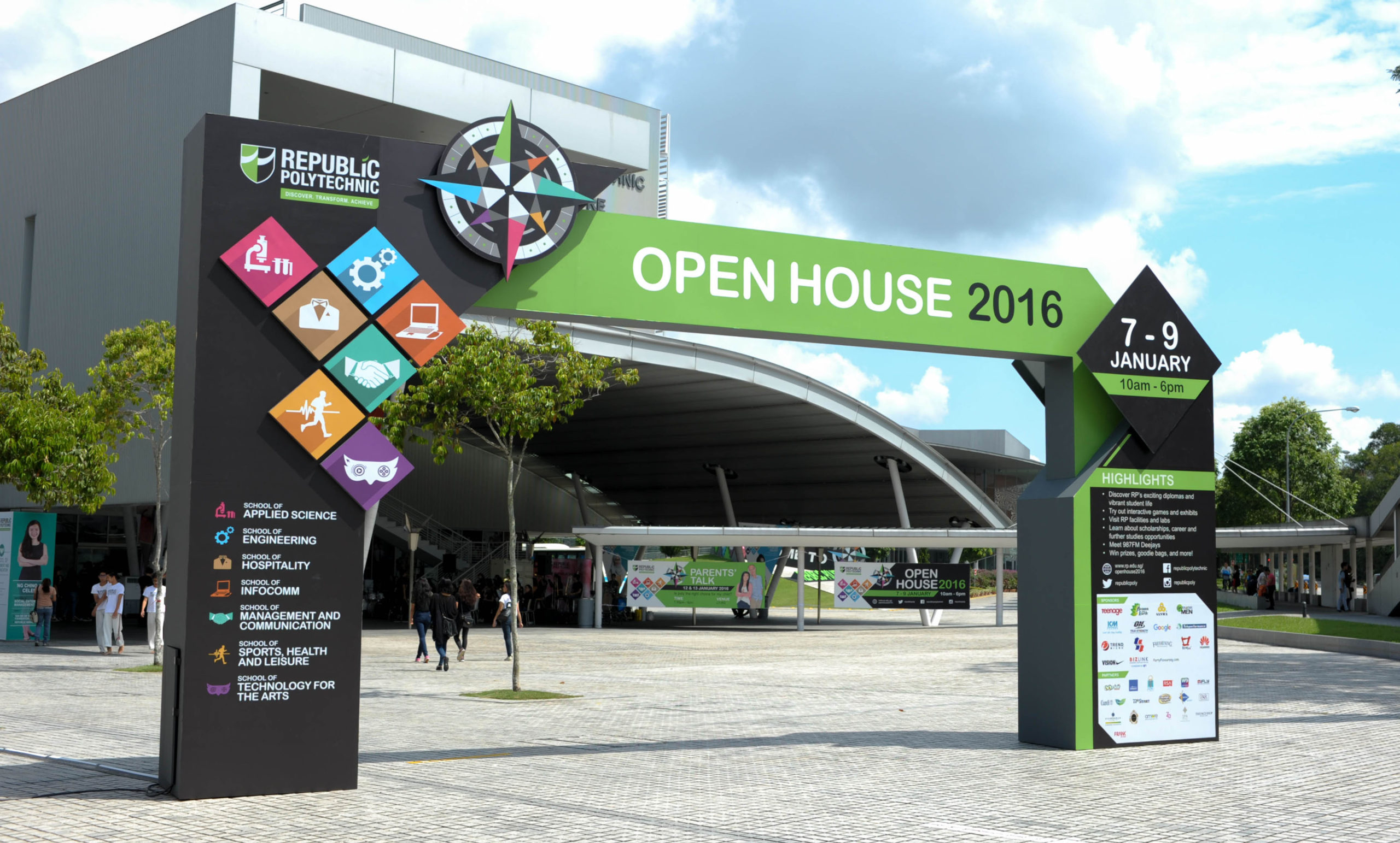media production coverage showing the entrance of republic polytechnic's open house event in 2016