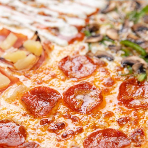 Closeup of John's Pizza four way variety